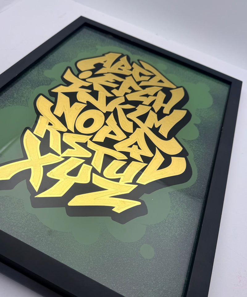 Simple Graffiti Alphabet - Gold Leaf Glass Artwork (Framed)