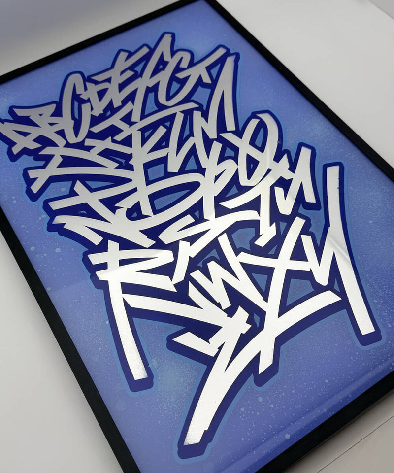 Silver Graffiti Alphabet - Silver Leaf Glass Artwork (Framed)